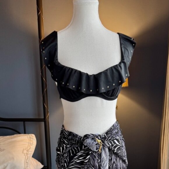 3 For $25 Flirty Black Studded Ruffle Flutter Straps Bikini Top - Picture 3 of 8